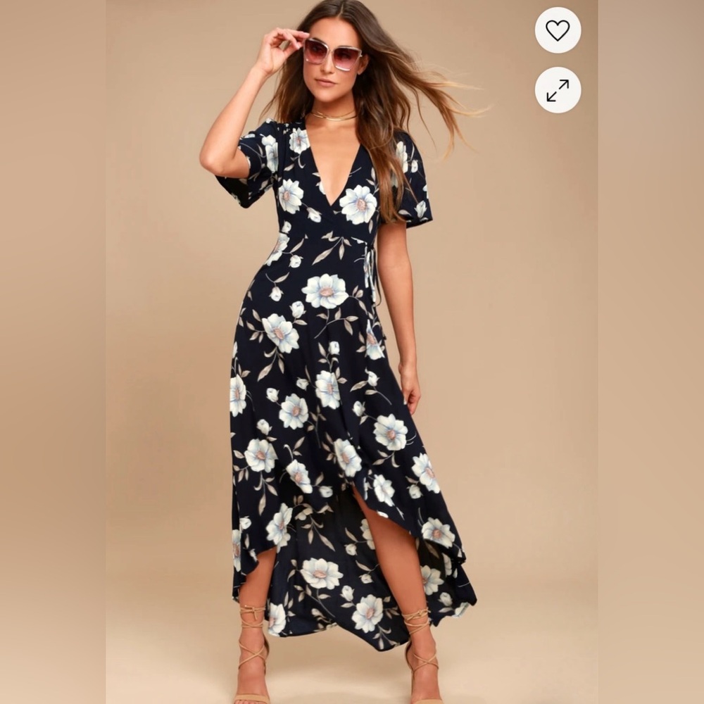 Lake Como Navy Blue Floral Print High-Low Wrap Dress - small